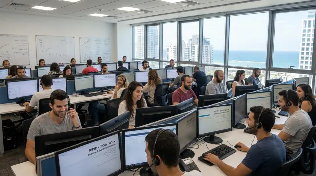 מוקד טלפוני עם נציגים רבים עונים לשיחות אישור הגעה מול מסכי מחשב