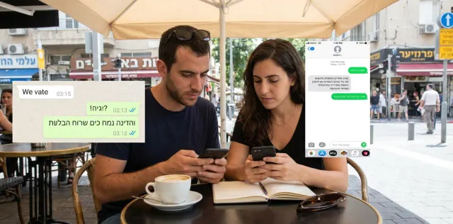 גבר ואישה בבית קפה בוחנים את הטלפונים שלהם, עם השוואה חזותית בין הודעת וואטסאפ עם וי כחול לבין הודעת SMS רגילה