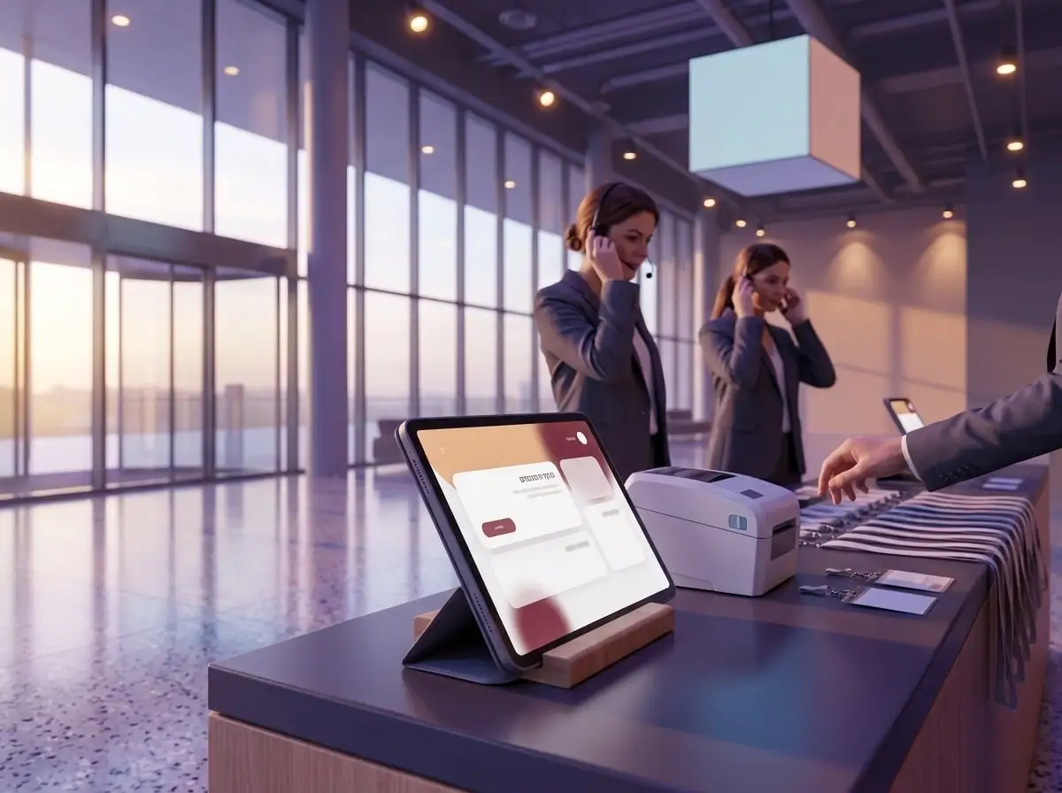 A registration stand with a tablet and a badge printer
