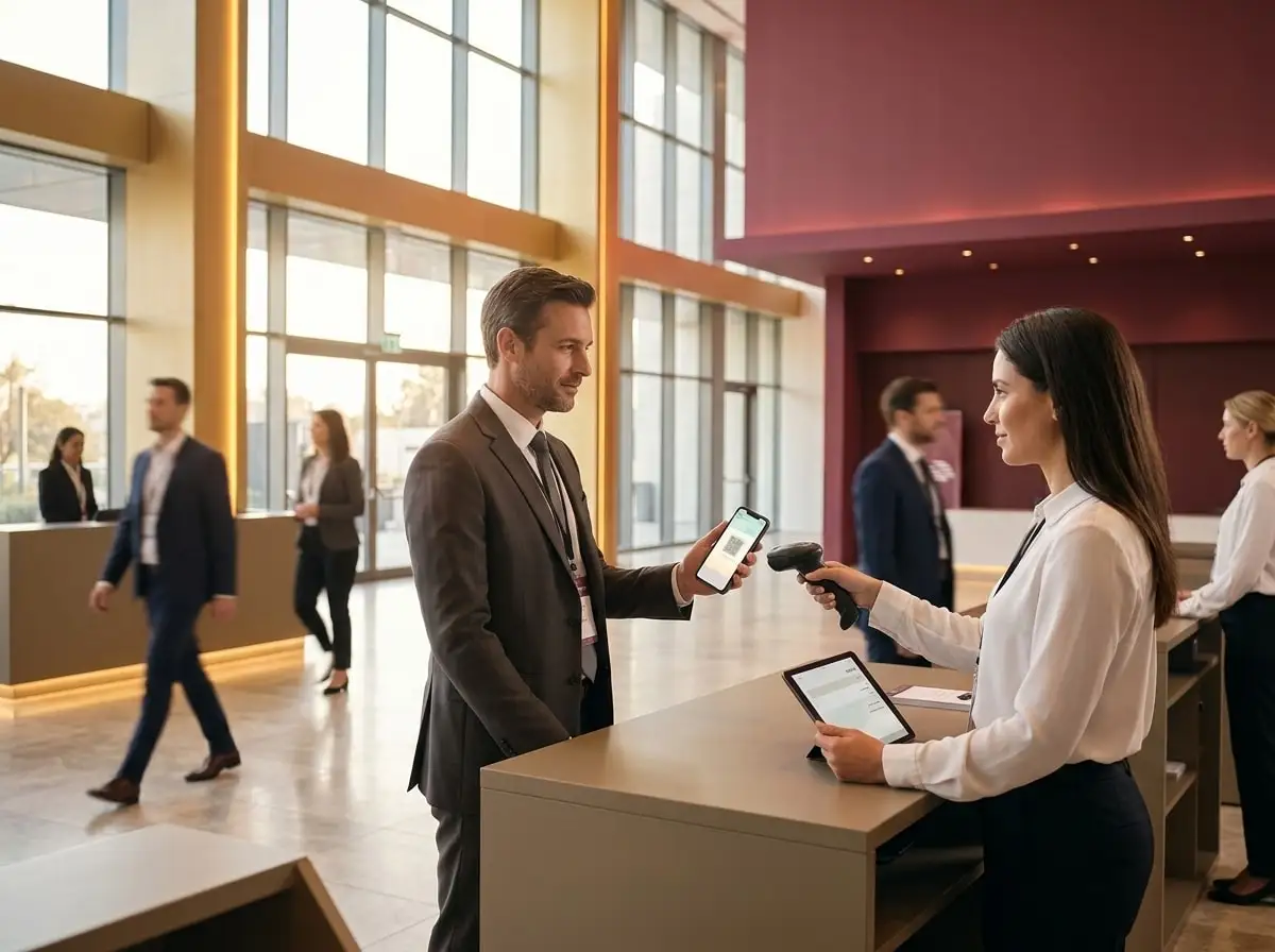 Scanning a ticket at a conference reception desk