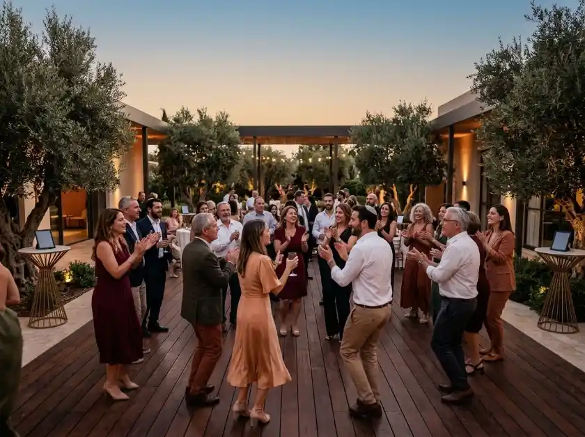 Guests dancing at a garden party at dusk
