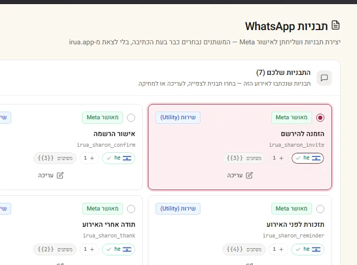 מסך תבניות WhatsApp במערכת