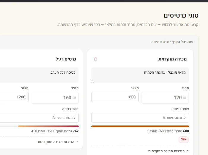 מסך סוגי הכרטיסים