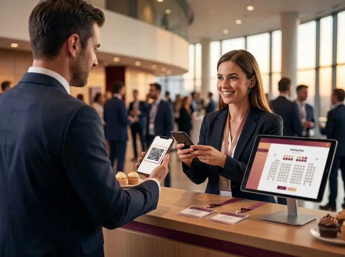 A guest showing a QR ticket at the check-in desk
