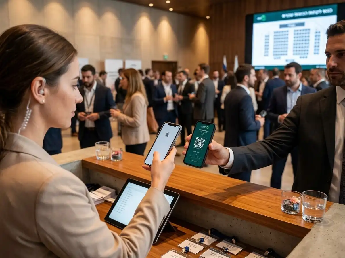 An entrance desk scanning a guest’s QR ticket on a phone
